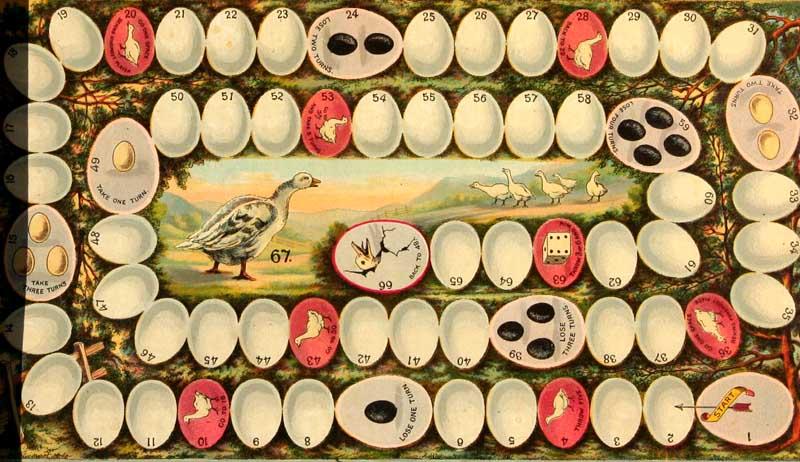 An antique Game of the Goose board, a spiral track of numbered egg-shaped spaces winding around a central goose illustration.