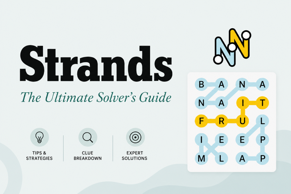 Featured graphic for a NYT Strands solver guide, titled "Strands: The Ultimate Solver's Guide," with a Strands grid showing the theme word BANANA and the spangram FRUIT highlighted.