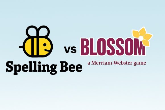 Spelling Bee vs Blossom: side-by-side logos of NYT Spelling Bee and Merriam-Webster Blossom, two flower-shaped daily word puzzles.