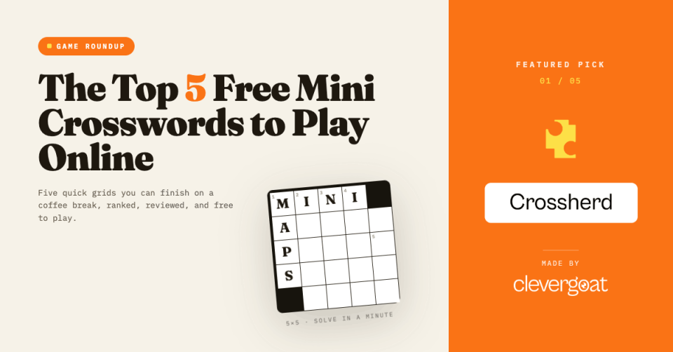 Title graphic for The Word Finder's guide to the top 5 free mini crosswords to play online, with a 5x5 mini grid and CleverGoat's Crossherd shown as the featured pick.