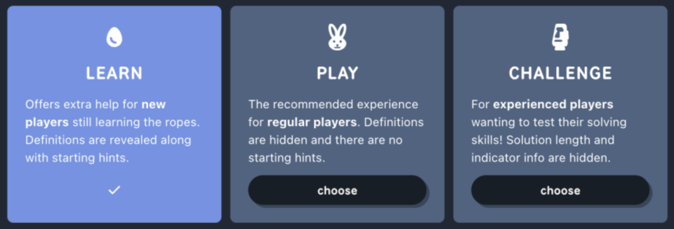 Parseword's three game modes: Learn, Play, and Challenge.