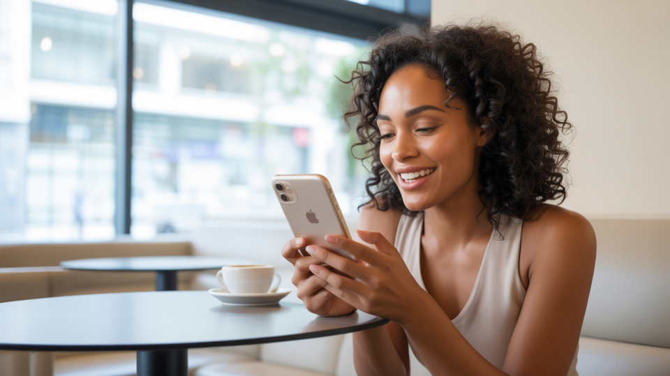 Woman smiling while playing a word game on her phone at a coffee shop