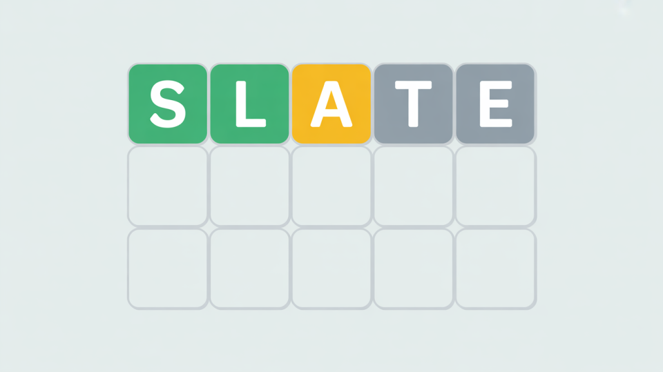 Wordle grid showing the word SLATE as a first guess with S and E tiles in green, L in yellow, and A and T in grey, with five empty rows below.