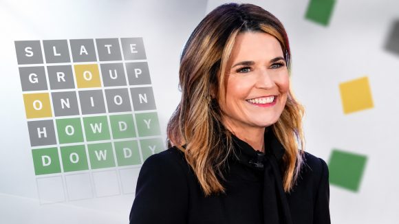 Today co-anchor Savannah Guthrie, host of NBC's new Wordle game show, beside a Wordle puzzle in progress.