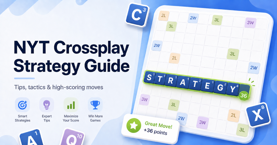 NYT Crossplay strategy guide: the word STRATEGY played across premium squares on a Crossplay board