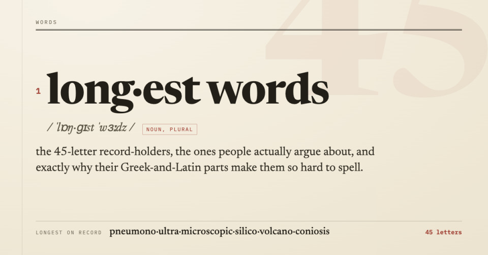 Dictionary-style title graphic for an article on the longest words in English, showing the 45-letter pneumonoultramicroscopicsilicovolcanoconiosis as the longest on record.