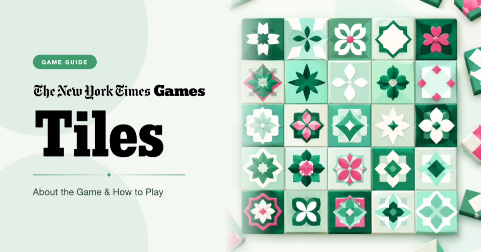 Feature image for an NYT Tiles guide: a grid of green, white, and pink geometric pattern tiles next to the New York Times Games logo and the title Tiles.