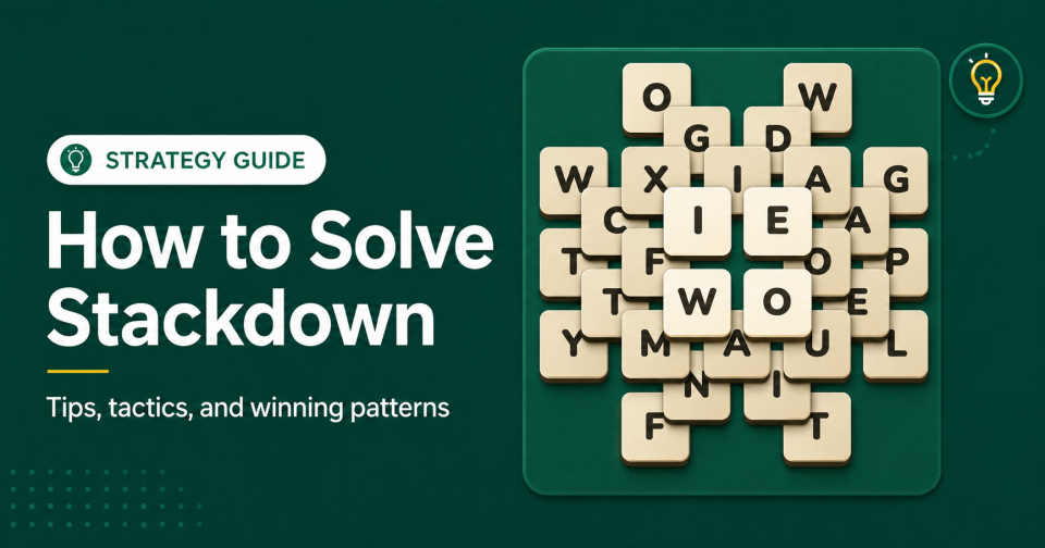 Feature image for a Stackdown strategy guide: cream letter tiles interlocked in a grid on a dark green background, beside the title How to Solve Stackdown.