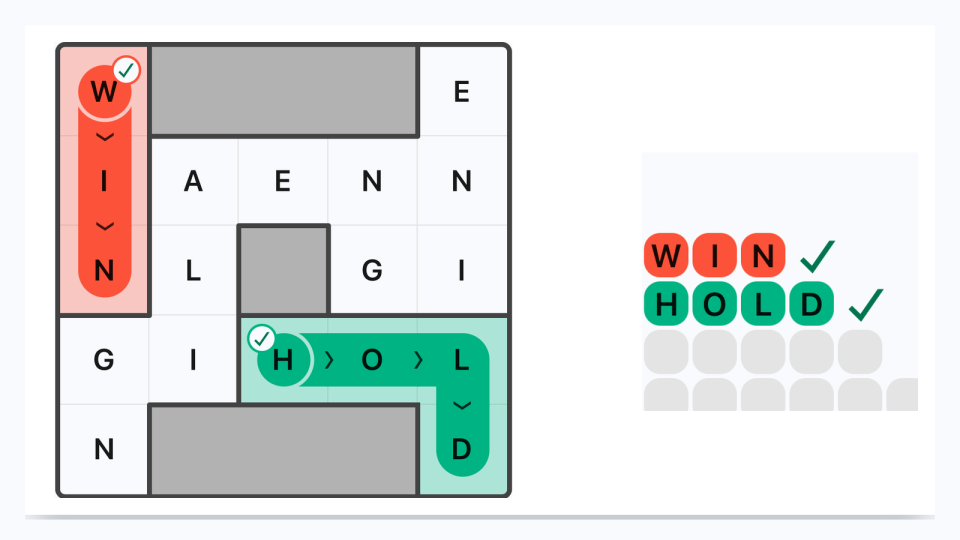 Wend gameplay example: WIN traced vertically in red and HOLD traced through a bending green path across the letter grid