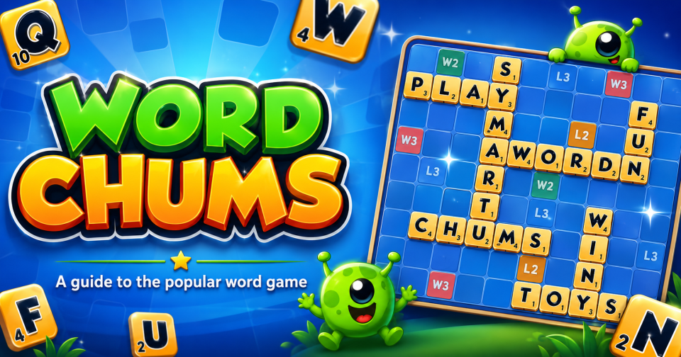 Word Chums logo and two green Chum avatars beside a tile board spelling PLAY, WORD, FUN, and CHUMS on premium squares.