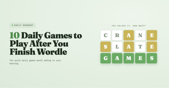 Featured graphic for a roundup of ten daily games to play after Wordle, with a Wordle-style grid spelling CRANE, SLATE, and GAMES.