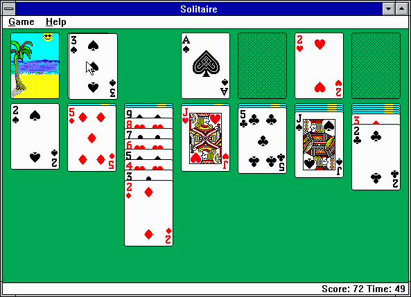 The classic Microsoft Windows Solitaire game from the 1990s, with its green table, columns of cards, and a palm-tree card back.