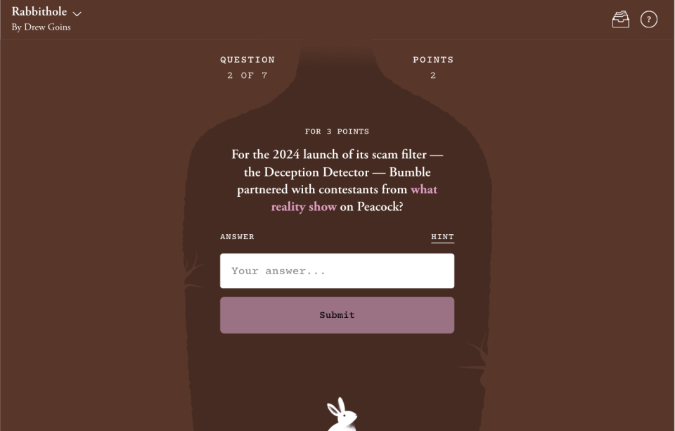 Rabbithole question screen showing question 2 of 7, the hint link, answer box and points counter