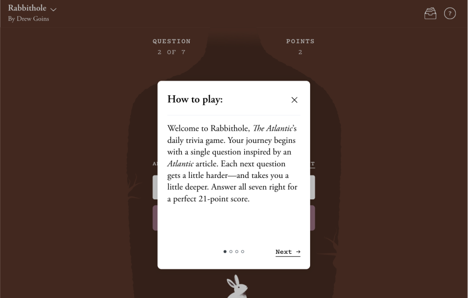 Rabbithole how-to-play card explaining the seven-question format and perfect 21-point score