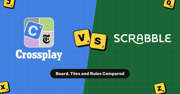 Crossplay vs Scrabble, with the NYT Crossplay icon on a blue half and the Scrabble wordmark on a green half, split by V and S letter tiles