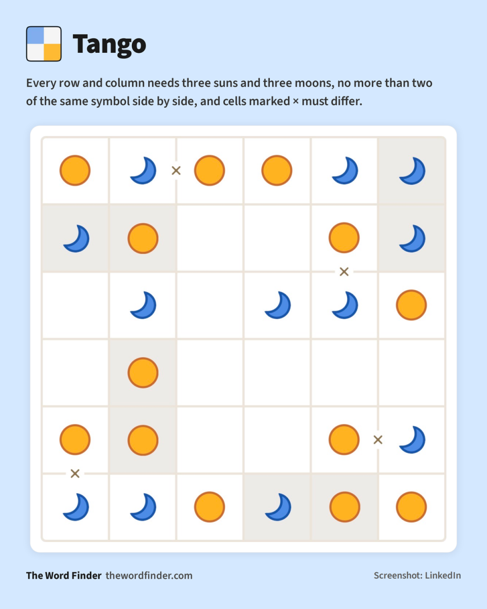 LinkedIn Tango puzzle part-solved on a six by six grid of suns and moons, with x markers showing cells that must differ