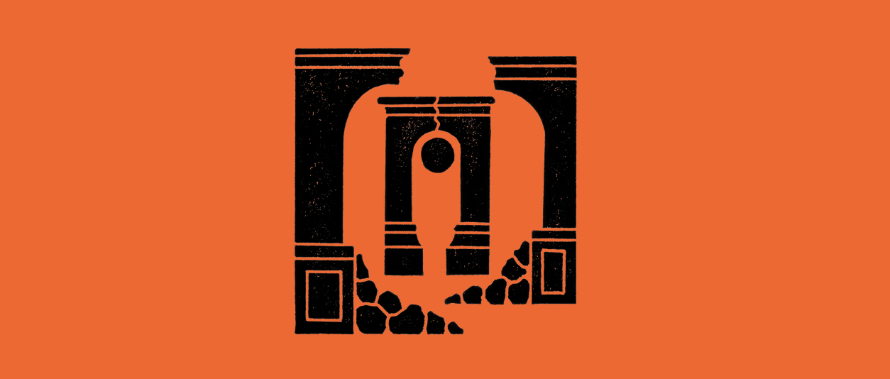 Bracket city logo: nested black gates on an orange background