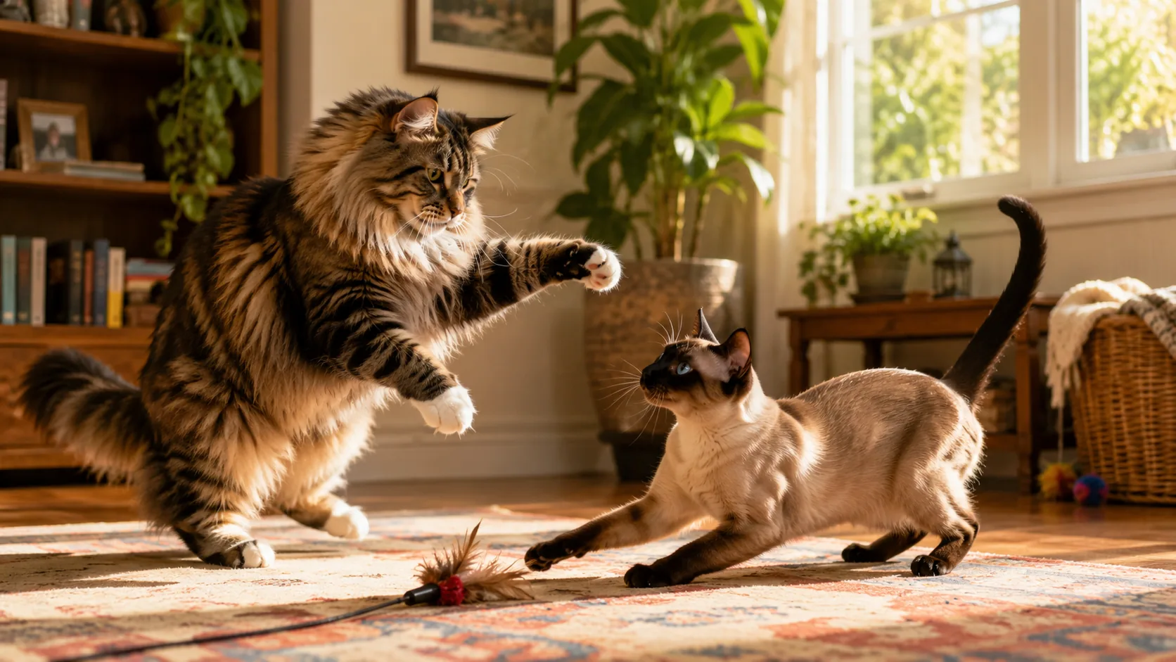 Two cats playing in a living room, showing cat age from playful kitten to senior in human years