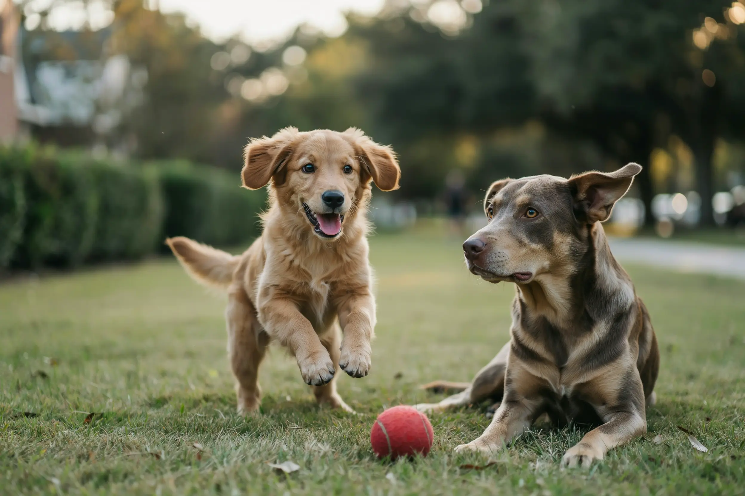 Dog Age Calculator: Your Dog's Age in Human Years A playful puppy and a grey-muzzled senior dog playing on grass, showing dog age from young to old in human years