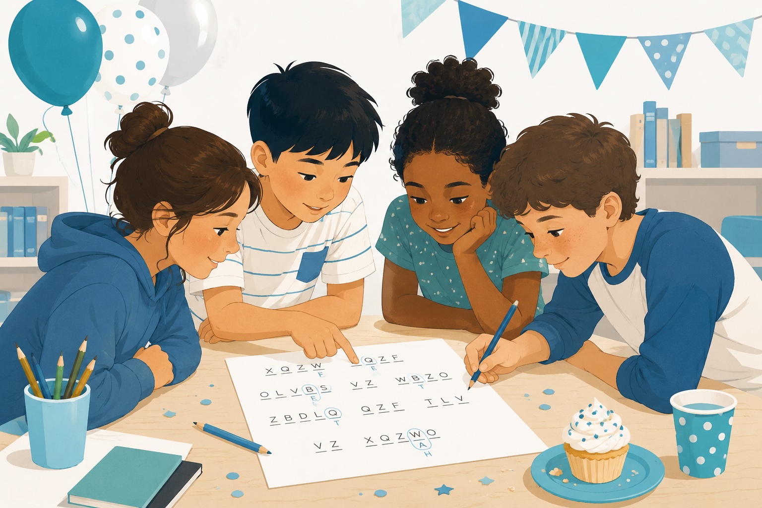 Children solving a cryptogram puzzle together at a party