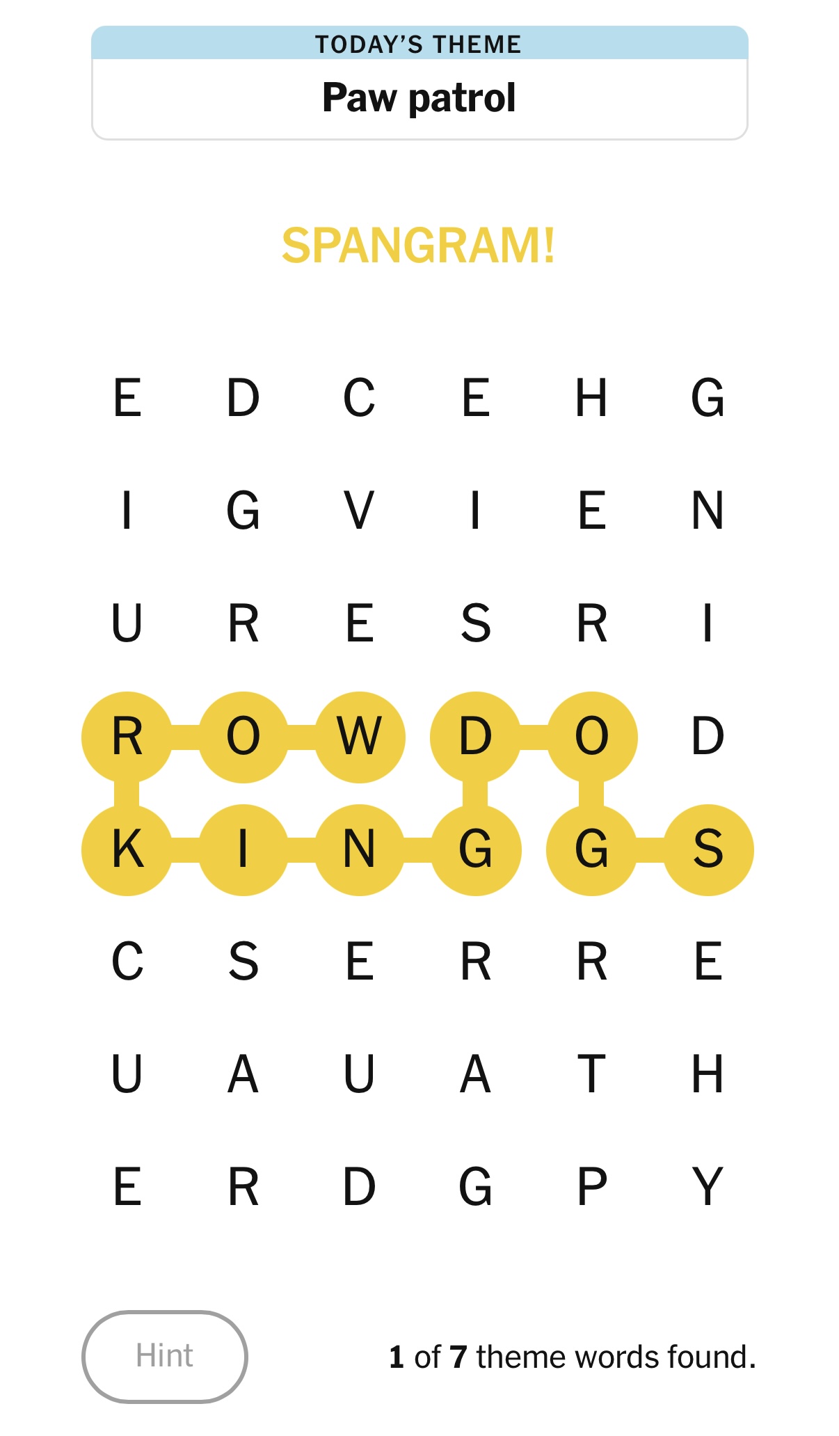 Example of a NYT Strands puzzle with the spangram highlighted — use our Strands Solver
                to reveal hints, find theme words, and complete the daily puzzle